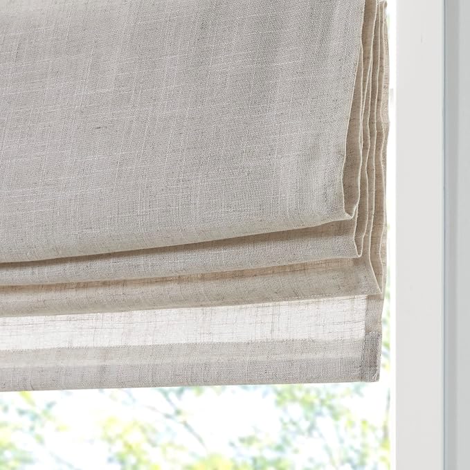 Madison Park Kyler Cordless Roman Shades - Single Panel, Lightweight Linen Blend Fabric, Natural Design, Easy Installation, Light Filtering Window Blind, Bedroom, Living Room Decor 35"W x 64"H Natural