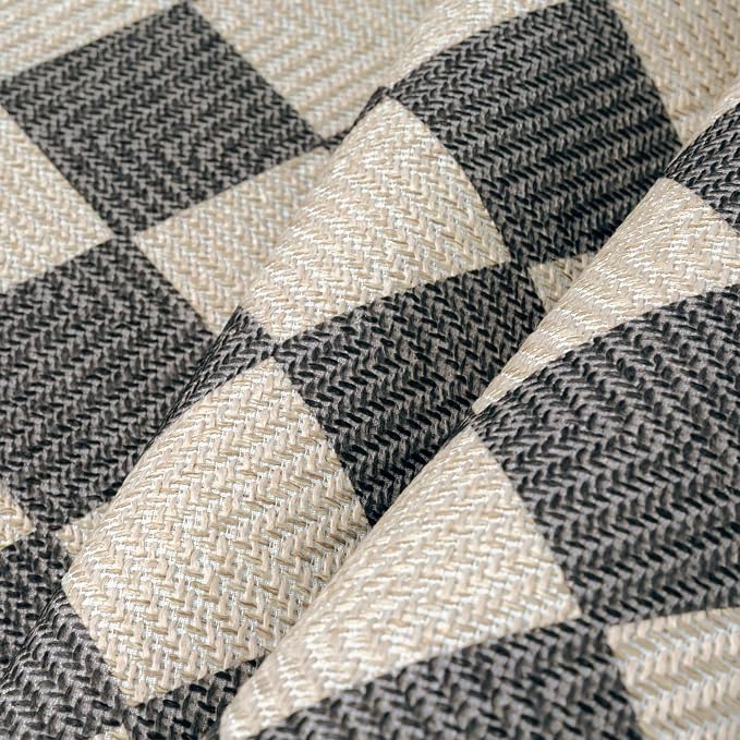 HUGEAR 9x12 Outdoor Rug Black/Beige Linen-Look Fabric Checkered Area Rug High Traffic Stain Resistant Easy Clean Durable Rugs for Indoor/Outdoor Patio Deck Balcony Porch Garden Courtyard
