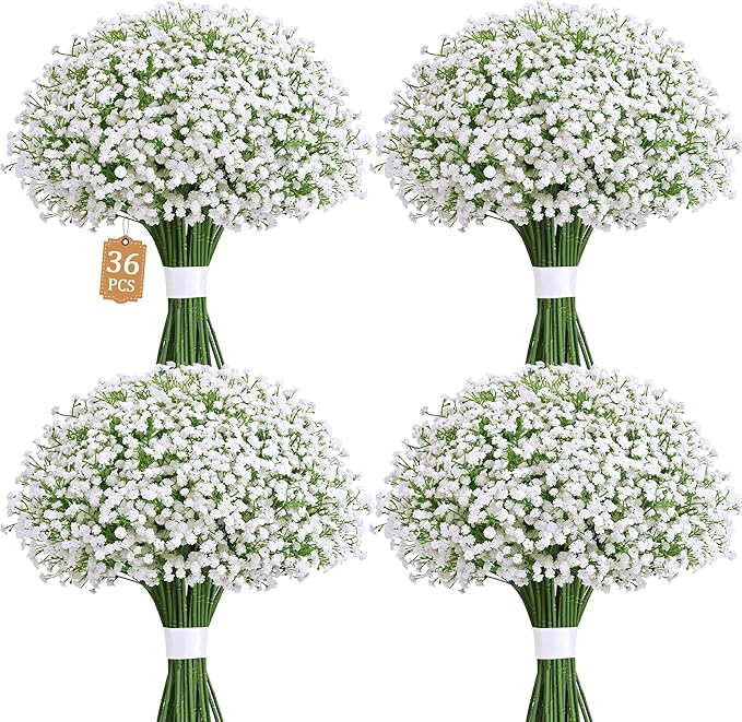 MARTINE MALL 36 Pcs Babys Breath Artificial Flowers, White Baby Breath Flowers Artificial Bulk Real Touch Fake Babys Breath Flowers Faux Gypsophila for Wedding Party Home Floral Arrangement Decor