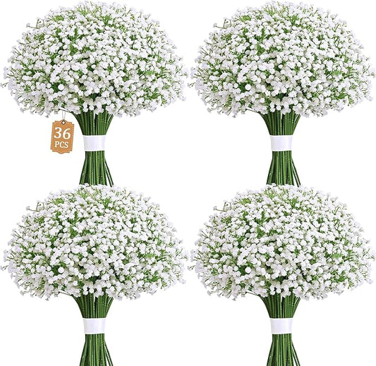 MARTINE MALL 36 Pcs Babys Breath Artificial Flowers, White Baby Breath Flowers Artificial Bulk Real Touch Fake Babys Breath Flowers Faux Gypsophila for Wedding Party Home Floral Arrangement Decor