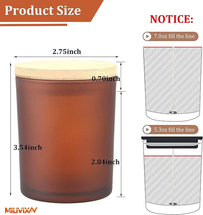 MILIVIXAY 12 Pack 7 OZ Frosted Amber Thick Glass Candle Jars with Lids - Bulk Empty Candle Jar for Making Candles - Spice, Powder Containers.