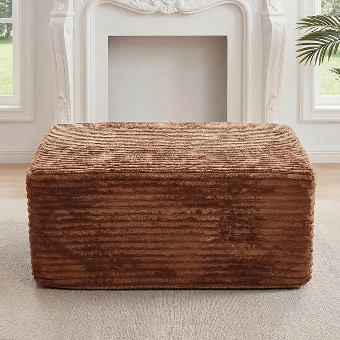 37.4'' Plush Fluffy Corduroy Ottoman for Boneless Couch in a Box, Modern Compressed Sofa, Small Comfy Rectangle Couch for Living Room, Bedroom, Orange, (Ottoman)