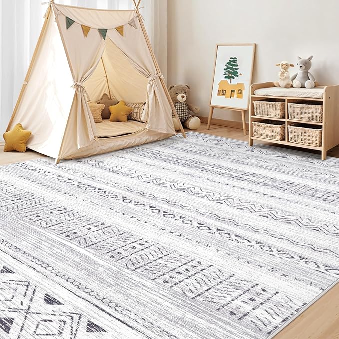 cotiled 9x12 Area Rug Living Room: Washable Boho Rugs with Non Slip Backing Large Soft Indoor Stain Resistant Carpet for Bedroom Farmhouse Dining Room Lightweight Home Decor Dark Grey