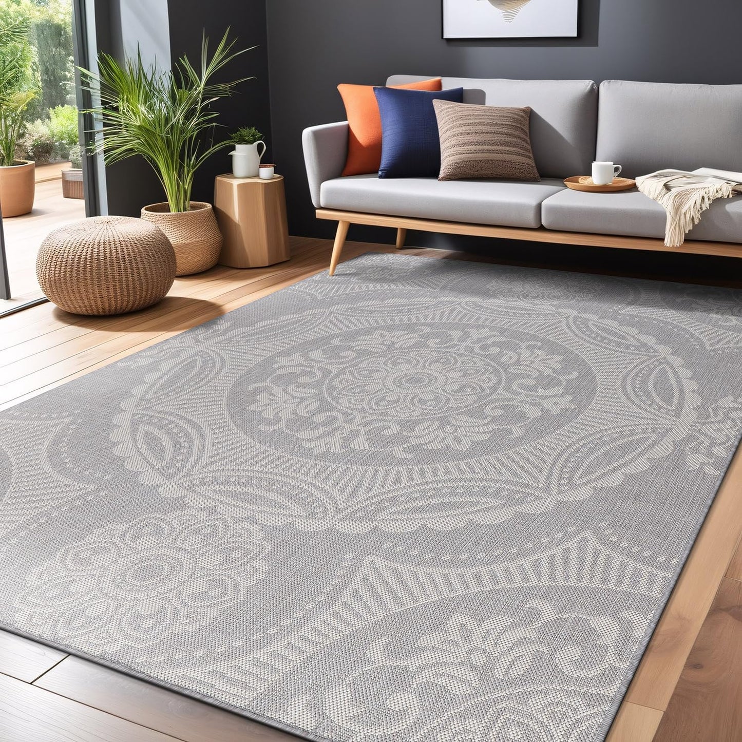 Medallion Outdoor Rug 8x10 Washable Outside Carpet for Indoor Patio Porch Waterproof Easy Cleaning Non Shedding Area Rugs Gray 8 x 10