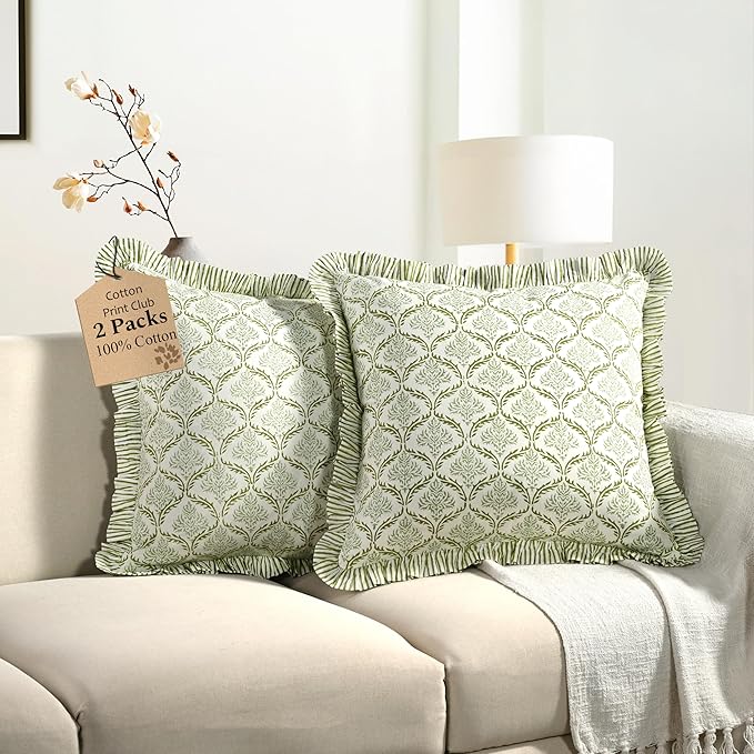 CPC Fern Regal Hand Block Print 100% Cotton Ruffle Throw Pillow Cover 24x24 inch with Hidden Zipper Decorative for Couch, Bed, Sofa, Farmhouse, Cottagecore Decor Gift Christmas Fall Thanksgiving