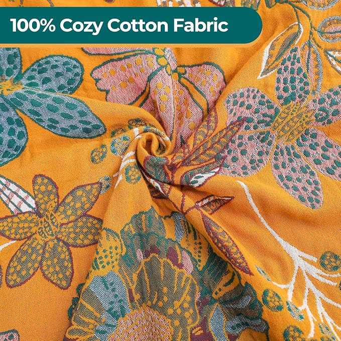 100% Cotton Boho Throw Blanket,4-Layer Gauze Woven Breathable Soft Muslin Blanket with Vintage Floral Design & Yellow/Green,Lightwight Breathable Decor Blanket, Perfect as Bed Sofa Quilt 60" x 80"