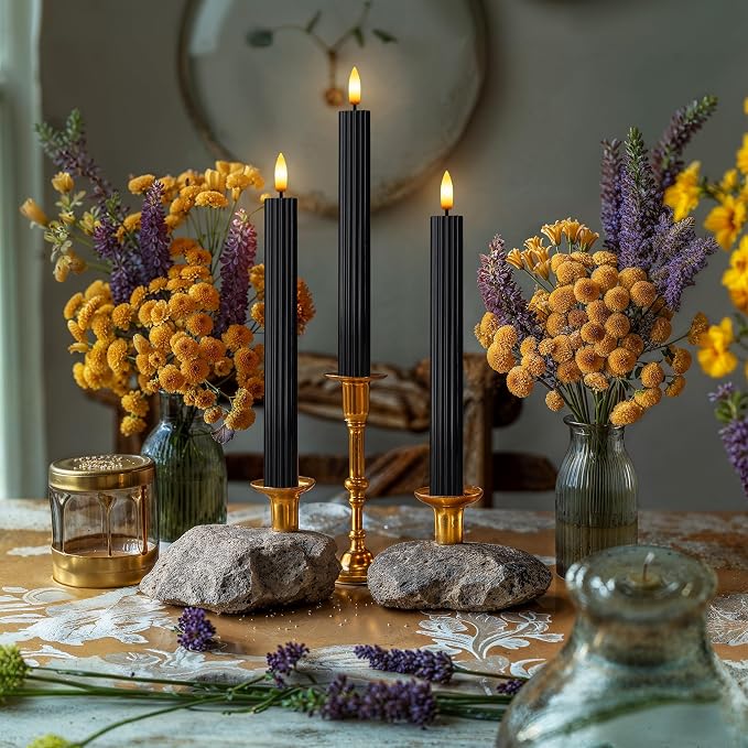 6 Pack, 10" LED Flameless Real Wax Black Fluted Ribbed Grooved Taper Candles, Remote & 24h Timer Memory, On/Off Button, Dimmable, Flicker Mode, Battery Operated, Wedding