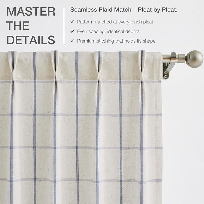 Vision Home Blue Plaid Linen Pinch Pleated Semi Sheer Curtains Checkered Light Filtering Window Panels 102 inches Long for Living Room Bedroom Rustic Pleat Drapes with Back Tab Hooks 40" Wx102 Lx2
