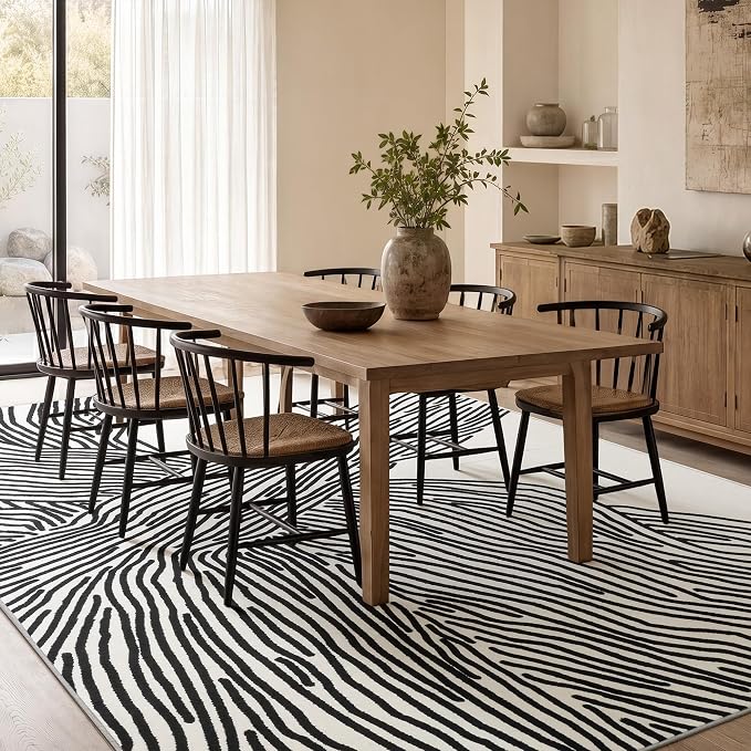 YIHOUSE 5×7Ft Area Rugs, Abstract Washable Rug, Modern Black and White Rug for Bedroom Living Room Dining Room Office Playroom Nursery, Nonslip Throw Non-Shedding Thin Contemporary Striped Rugs | Soft low-pile modern striped 5x7 rug with non-slip backi...