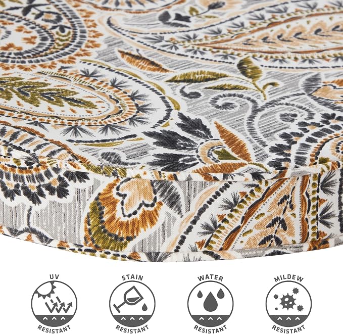 Set of 2 Outdoor 18 inch Round Patio Dining Chair Pads – Comfortable Fiber-Filled Seat Cushions with Ties, Reversible Polyester Fabric, Arctic Paisley