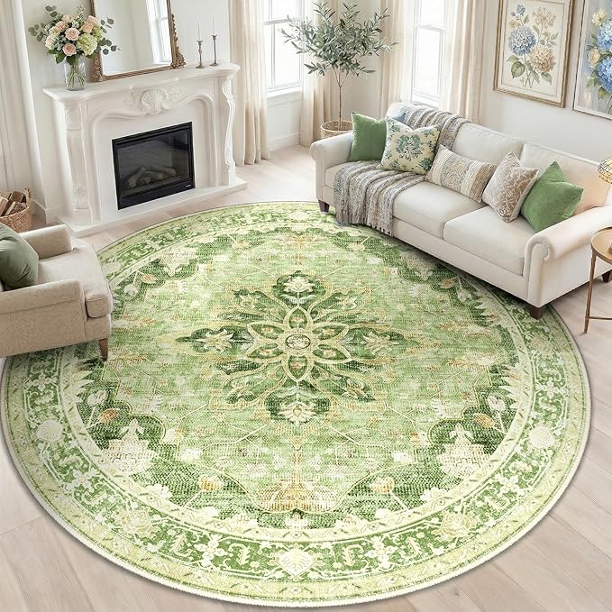 RELEANY Area Rugs 8ft Washable Non-Slip, Floral Vintage Distress Print Pattern Medallion Carpet for Living Room Bedroom Dining Room, Sage Green Yellow