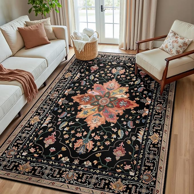 RELEANY Area Rugs 5'x8' Washable Non-Slip, Floral Vintage Distress Print Pattern Medallion Carpet for Living Room Bedroom Dining Room, Black Colorful Floral Dark Tan