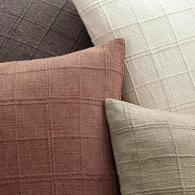 Foindtower Set of 2 Decorative Linen Check Throw Pillow Covers Neutral Farmhouse Vintage Cushion Covers Modern Boho Home Decor for Sofa Chair Couch Bedroom Living Room,16×16 Inch,Autumnal Red
