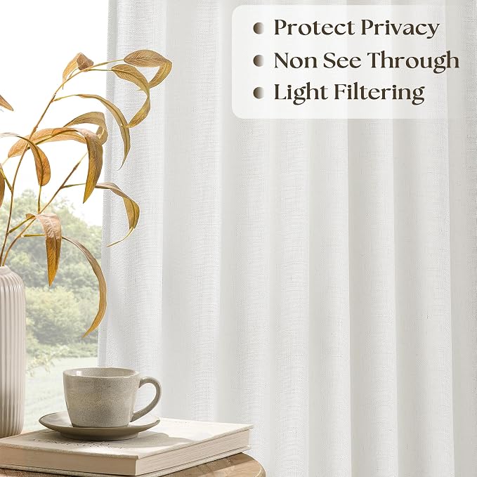 Pinch Pleated Extra Wide Linen Curtains 108 Inches Long for Patio Sliding Glass Door Beige White 100 Inch Wide Pleated Drapes with Hooks Rings Neutral Semi Sheer 100x108 Curtain for Living Room