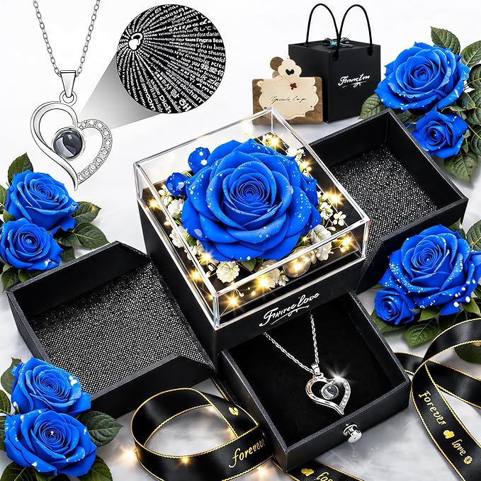 Forever Love Preserved Real Rose with Heart Necklace, Mothers Day Gifts for Mom, Wife, Anniversary Birthday Gifts for Women – Projects “I Love You” in 100 Languages