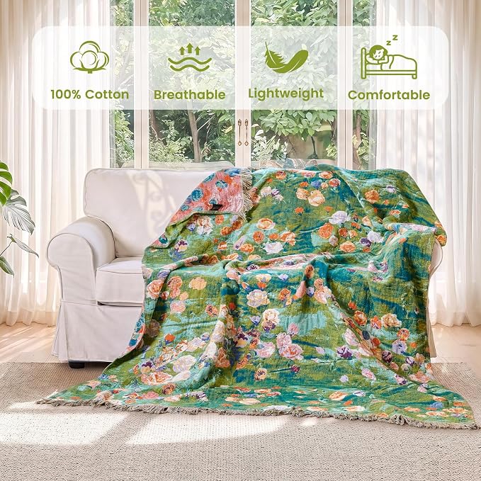 MSGKV Boho Throw Blanket for Couch Cotton Floral Blanket 50"x60" for Sofa Chair Throws Muslin Summer Breathable Lightweight Farmhouse Blankets Home Decor All Seasons