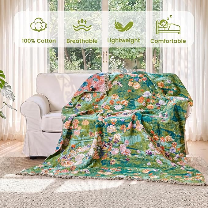MSGKV Boho Throw Blanket for Bed Cotton Floral Twin Size Couch Blanket 60"x80" Muslin Summer Breathable Lightweight Farmhouse Blankets All Seasons