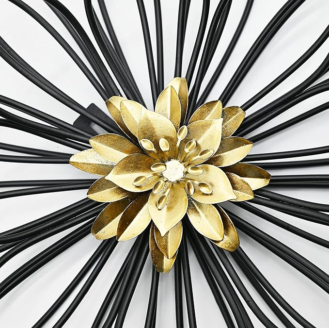 Remenna Metal Flowers Wall Decor, Metal Rustic Wall Art Decoration Farmhouse Wall Decorations Multiple Floral Hanging Decor for Bathroom Living Room Home Office Garden Kitchen (Black&Gold)