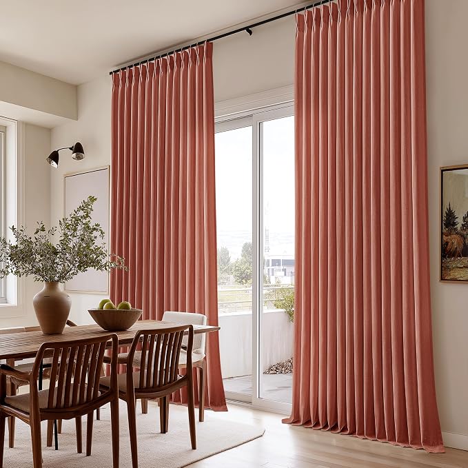 Pleated Terracotta Linen Curtains 96 Inches Long for Living Room 2 Panels Semi Sheer Light Filtering Pinch Pleat Rings Hooks Drapes Farmhouse Rustic Rust Colored Burnt Orange Curtain Bedroom Window