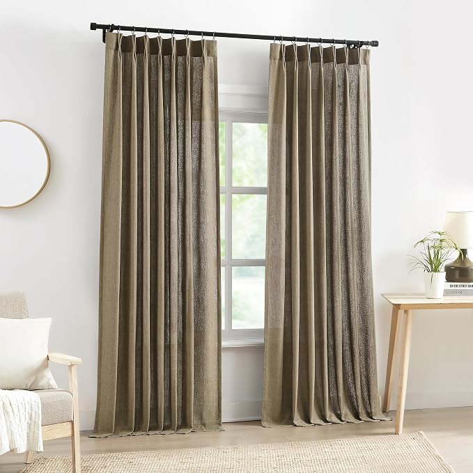 Café Brown Pinch Pleat Light Filtering Curtain Panel with Microfiber Liner 84 Inches for Living Room, Linen Blended Textured Window Treatment Drape for Bedroom with Back Tabs Hooks, 40"Wx84"Lx2