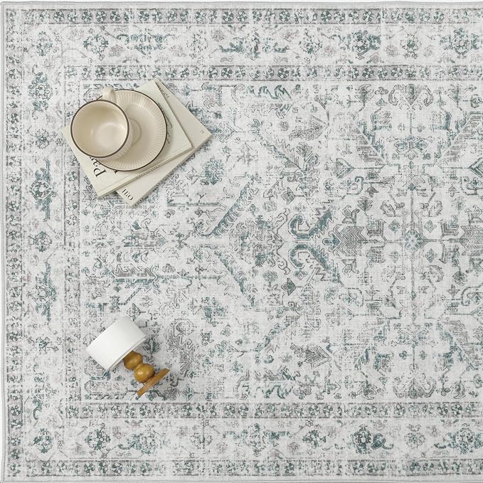 PureCozy Blue 5x7 Area Rug Vintage Washable Living Room Carpet Non Slip Bedroom Indoor Office Low Pile Traditional Distressed Retro Accent Rug for Dining Room Bathroom Kitchen