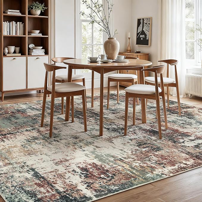 Rugflix 5x7 Area Rugs for Living Room, Washable Large Rug Stain-Resistant Low Pile, Modern Carpet for Dining Room Home Office Kid Room Nursery Bedroom, Rust Brown Green