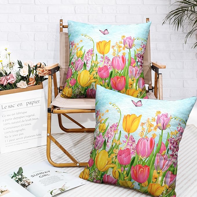Tulip Pillow Covers 24x24 Set of 2 Spring Throw Pillow Covers Pink Yellow Tulip Floral Outdoor Pillowcase Watercolor Cotton Linen Cushion Case for Sofa Outdoor Patio