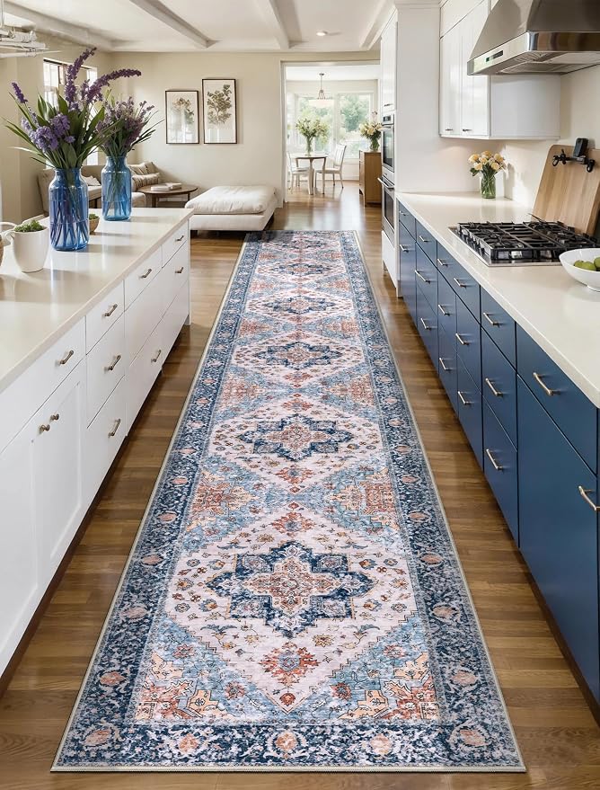 SERISSA Runner Rug for Hallways, 2'6"x16' Washable Non Slip Kitchen Runner Rug, Extra Long Boho Rug Ultra Soft Vintage Blue Orange Print Floor Carpet for Bedroom Hallway Entryway Bathroom Laundry Room
