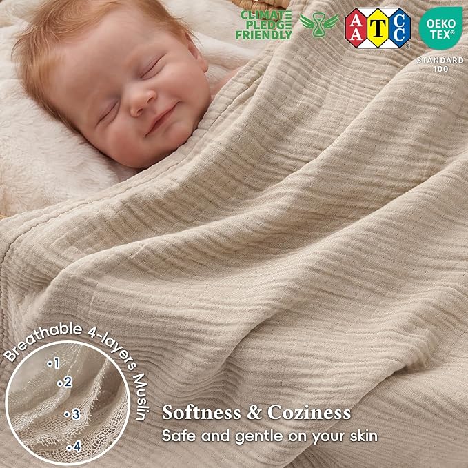 David's Home Soft Cooling Muslin Blanket Twin Size, 60% Rayon 40% Cotton, Breathable Lightweight 4-Layer Gauze Blanket for Hot Sleepers, All Season Bed Blanket, 66"x90", Light Tan/Oat Milk