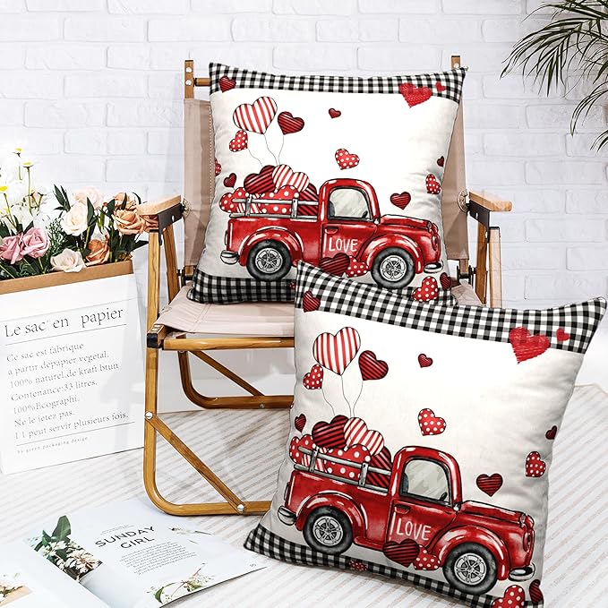 Throw Pillow Covers 18x18 Red Truck Pillow Covers Pack of 2 Heart Balloon Black Buffalo Plaid Decorative Pillow Case for Home Outdoor Deocr Couch
