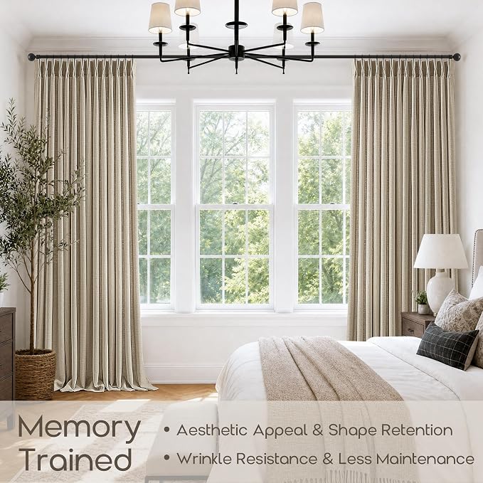 70 Inch Wide Pleated Burlywood Birch Curtains 96 Inches Long 1 Panel Taupe Thick Linen Semi Sheer Back Tab Pinch Pleat Curtains for Sliding Door Balcony Memory Shaped Light Filtering Door Drapes 70x96