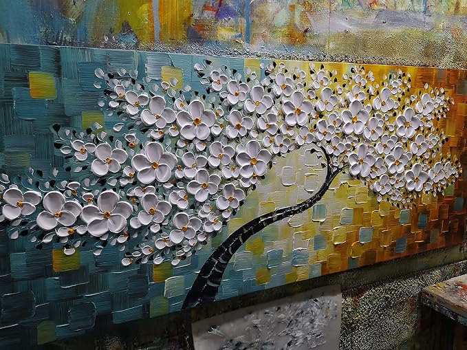 YaSheng Art - Large Canvas Wall Art ,100% Hand Painted Floral Wall Art Oil Painting , 3D Texture White Flower Artwork Paintings, Modern Home Bedroom Living Room Wall Decor ,Abstract Art Painting, Framed Wall Art Pictures 24x60inch