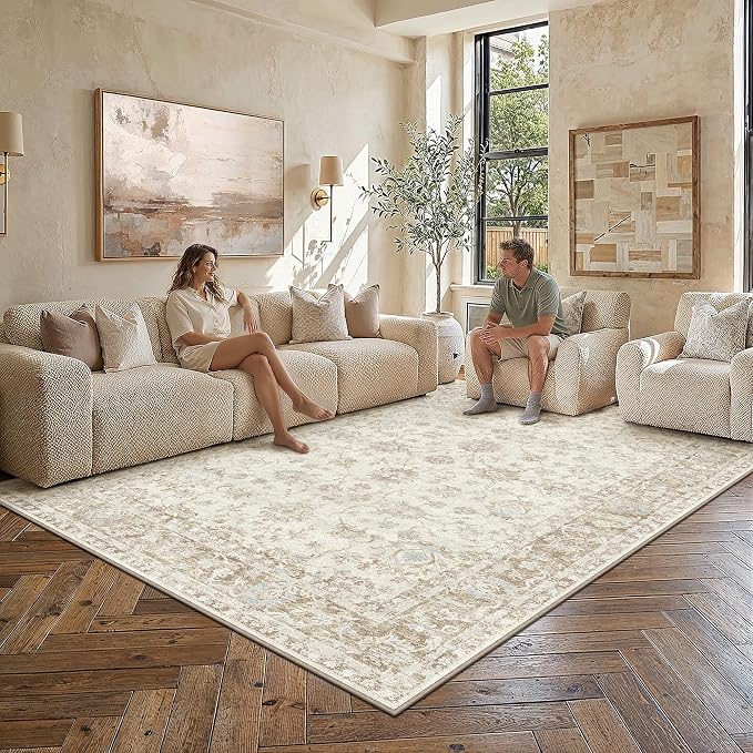 5x7 Washable Neutral Area Rug for Living Room Bedroom Beige Floral Soft Non Slip Rug Low Pile Distressed Carpet for Dining Room Nursery Office Indoor