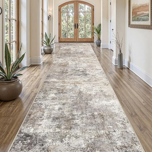 UERMEI 3X14 Washable Runner Rug for Hallway: Soft Neutral Modern Abstract Area Rug - Non-Slip Low Pile Long Throw Indoor Carpet for Kitchen Entryway Kitchen Bedroom Laundry - Brown Grey