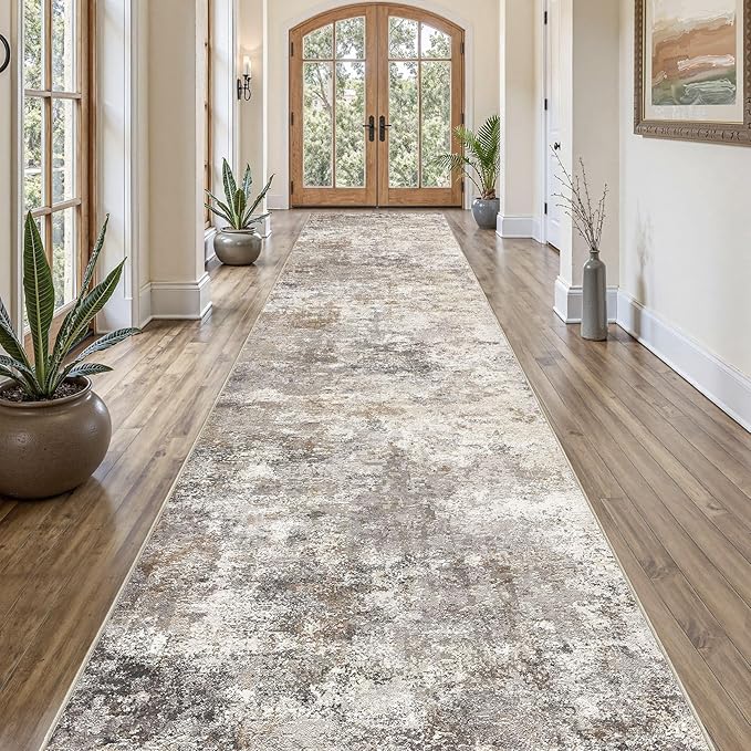 UERMEI 3X18 Washable Runner Rug for Hallway: Soft Neutral Modern Abstract Area Rug - Non-Slip Low Pile Long Throw Indoor Carpet for Kitchen Entryway Kitchen Bedroom Laundry - Brown Grey