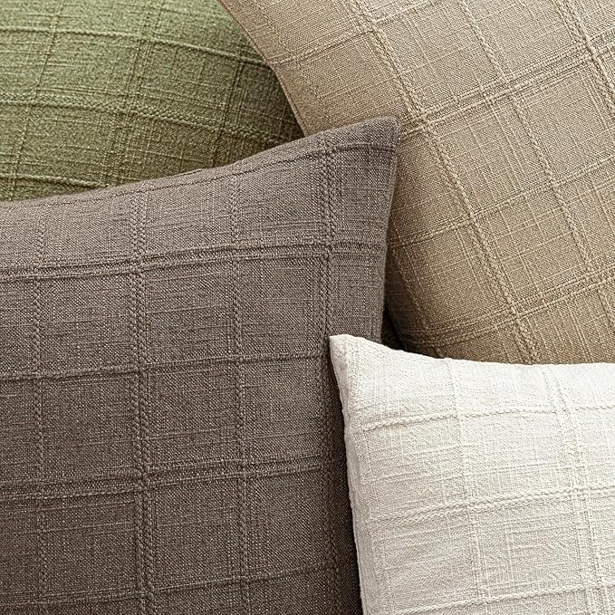 Foindtower Set of 2 Decorative Linen Check Throw Pillow Covers Neutral Farmhouse Vintage Cushion Covers Modern Boho Home Decor for Sofa Chair Couch Bedroom Living Room,18×18 Inch,Taupe Grey