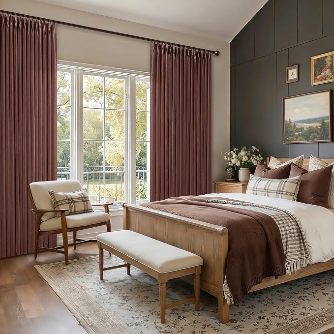 120 Inches Thick Linen Pleated Curtains 2 Panels Extra Long Chestnut Brown Country Light Filtering Drapes with Ceiling Track System Dark Terracotta Back Tab Window Curtain for Living Room Bedroom