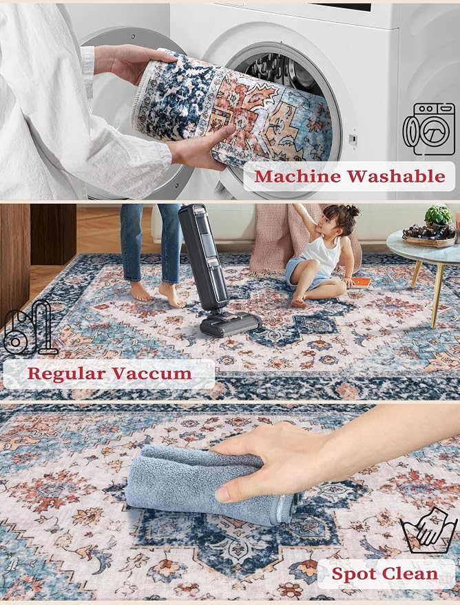SERISSA Runner Rug for Hallways, 3x14 Washable Non Slip Kitchen Runner Rug, Extra Long Boho Rug Ultra Soft Vintage Blue Orange Print Floor Carpet for Bedroom Hallway Entryway Bathroom Laundry Room