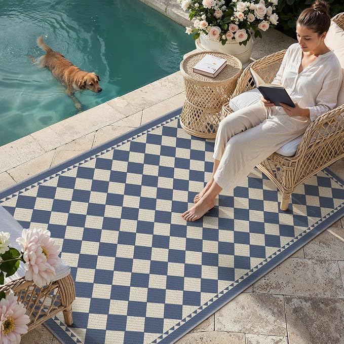 HUGEAR 3'x5' Outdoor Rug Blue Patio Checkered Waterproof Linen-Look Outside Floor Mat Carpet Area Rug for Deck Porch Balcony Backyard Camping RV Picnic Beach Home Decor