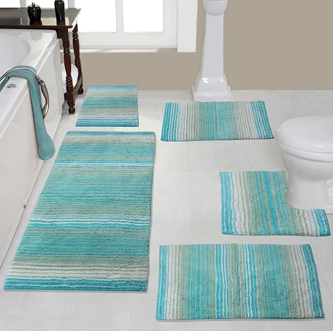 Home Weavers 100% Cotton Gradiation Collection Bathroom Décor, Washable Rug, Bathroom Mat, Kitchen Mat, Bathroom Rug Set, Bath Mat Set, Bath Floor Mat Non Slip, 5 Piece Set with Contour, Turquoise
