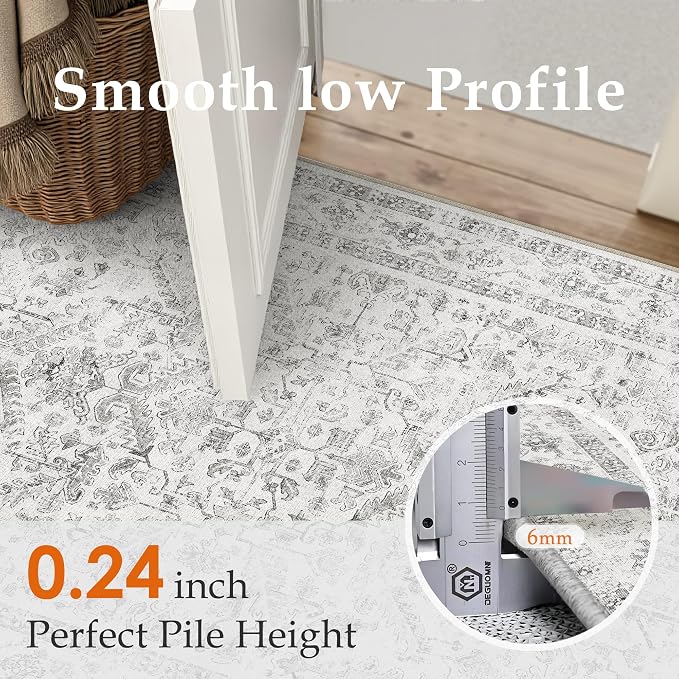 PureCozy Grey 8x10 Area Rug Vintage Washable Living Room Carpet Non Slip Bedroom Indoor Office Low Pile Large Traditional Distressed Retro Accent Rug for Dining Room Bathroom Kitchen