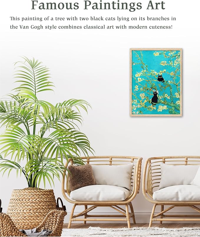 UPWOIGH Van Gogh Inspired Almond Blossom Wall Art with Black Cats, Blue Floral Canvas Print, Beige Oak Wood Framed 12x16 Inch Deco