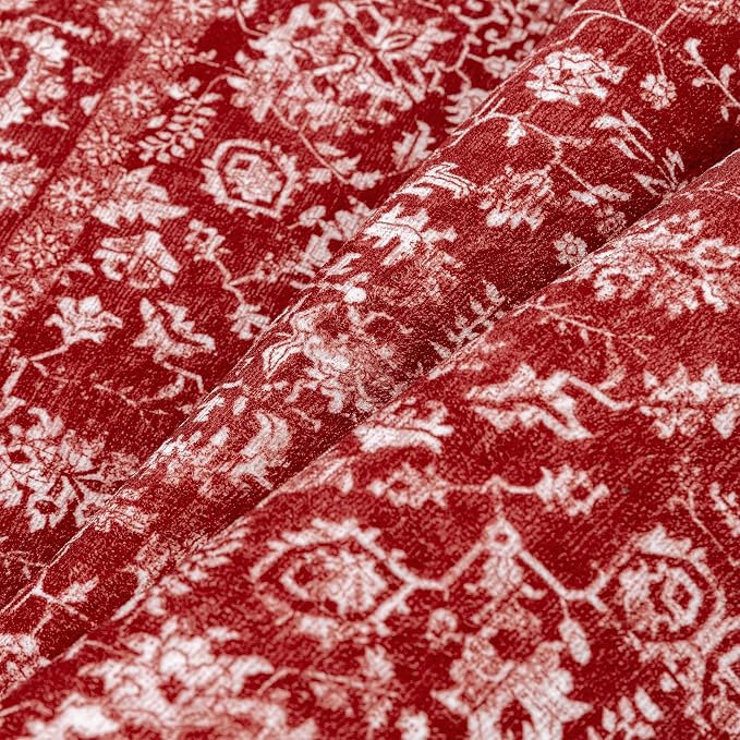 PureCozy Red Area Rug 4x6 Entryway Washable Non Slip Bedroom Carpet Door Mat Vintage Distressed Floral Accent Rug Low Pile Holiday Decorative Soft Doormat for Bathroom Laundry Kitchen