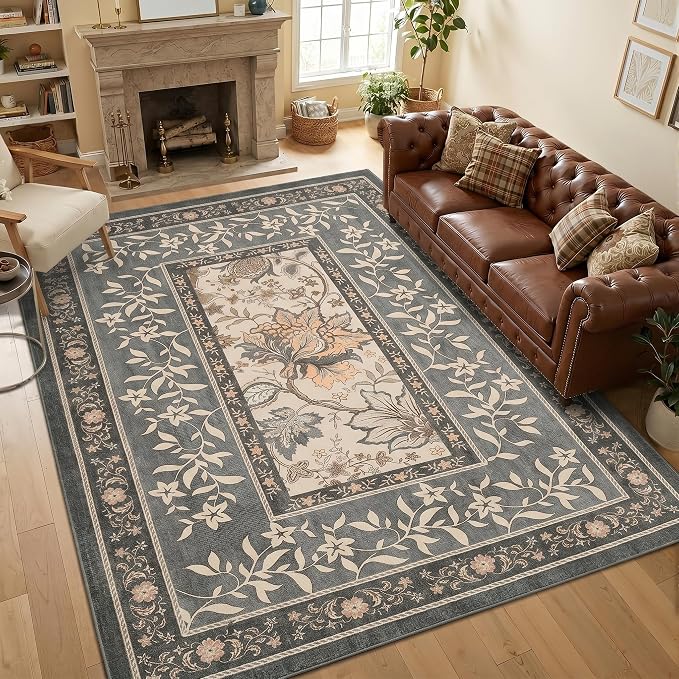 GarveeHome Grey Area Rug 6x9 Washable Cottage Core Vintage Farmhouse Low-Pile Stain Resistant Non-Slip Rugs for Bedroom Living Room Nursery Kitchen Home Office TPE Backing Indoor Decor