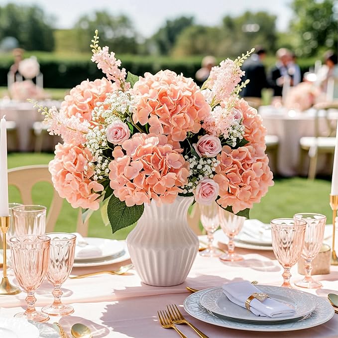 Auihiay 64 PCS Full Hydrangea Flowers, Silk Hydrangea Artificial Flowers Heads with Stems, Artificial Flowers for Wedding, Garden, Baby Shower, Party, Outdoor Indoor Decoration (Light Peach)