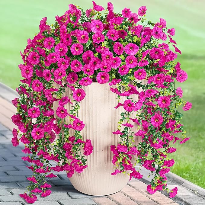 Artificial Hanging Flowers for Outdoor, 2pcs Fake Plants Long Vine Morning Glory Eucalyptus, UV Resistant Realistic Faux Greenery Indoor Outside Patio Porch Garden Spring Summer Decor, Light Purple