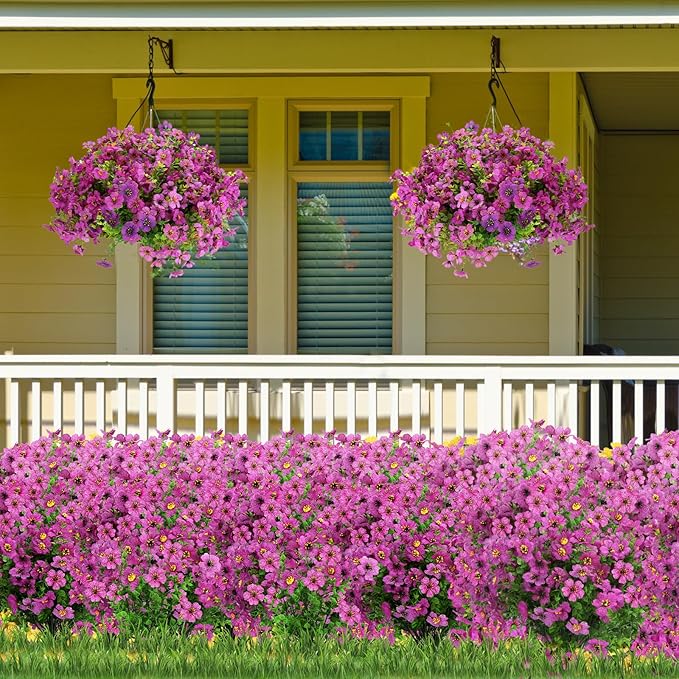 MERIXMAS 24 Bundles Artificial Flowers for Outdoors Decorations, Fake Flowers Artificial Plants Outdoor, Colorful Daisy Eucalyptus Realistic UV Resistant for Garden Patio Porch Home Decor, Purple