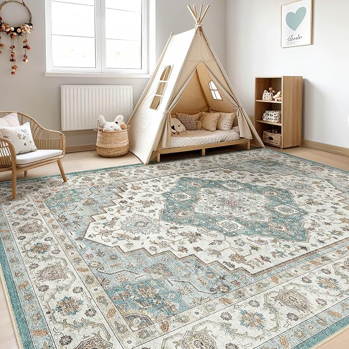 9x12 Area Rug Living Room: Washable Boho Large Neutral Vintage Soft Rug Stain Resistant Farmhouse Non-Slip Indoor Floor Carpet for Bedroom Nursery Kids Playroom Office Dining Room Home- Teal Brown