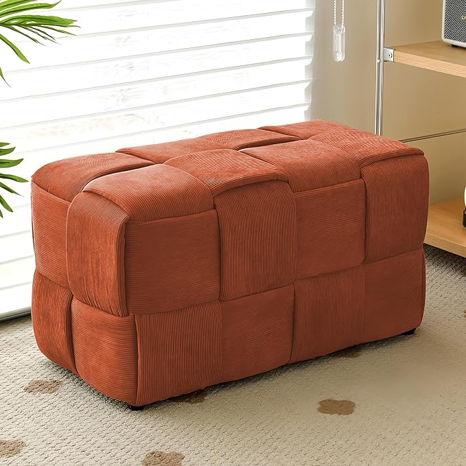 Cmishe 28" Rectangular Woven Corduroy Ottoman Footrest - Large Modern Entryway Bench & Bed End Stool, Sturdy Wood Frame, No Assembly (Orange-L)