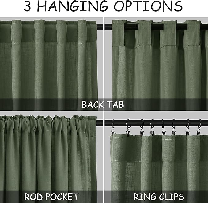 Extra Long Curtains 2 Panels 102 Inches Long for Living Room Olive Green Back Tab Rod Pocket Light Filtering Semi Sheer Drapes Cotton Linen Textured Window Curtain 102 Inch Length for Bedroom 9 FT